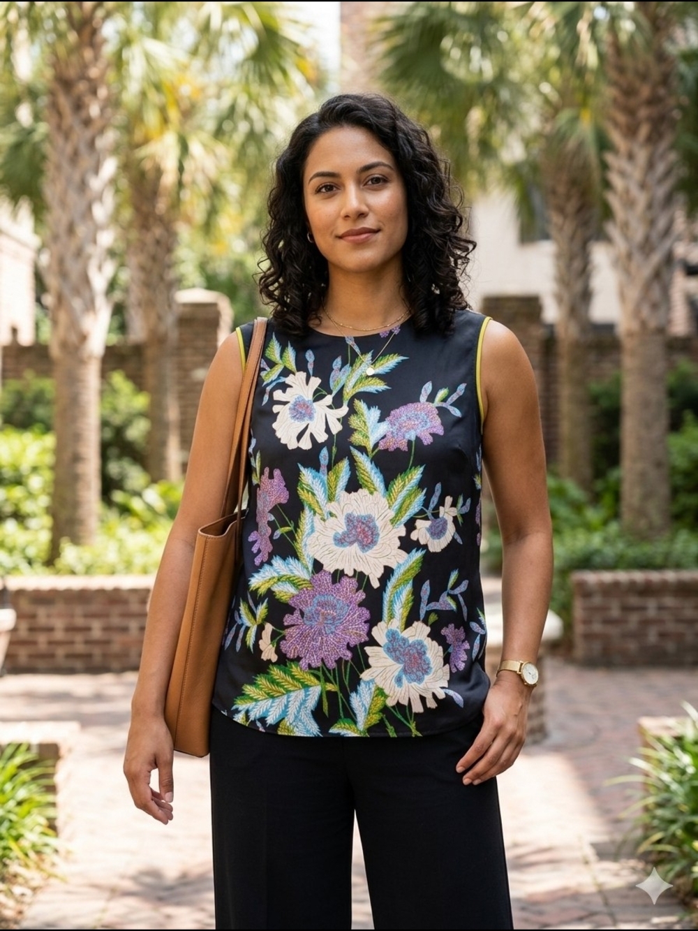 Diane Von Furstenberg Sleeveless Black‎ Floral Silk Shell Top Medium